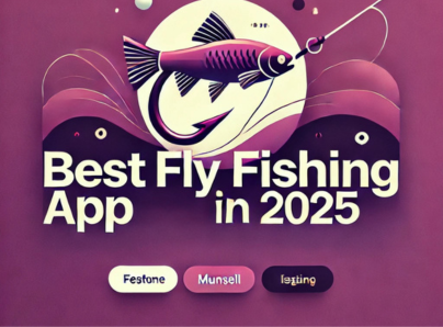 create a very simple website feature image in which  background color in Purple (Munsell)* theme and include this keyword in image " best fly fishing app in 2025 " image is very simple and attractive in looking and having hok in image according to image keyword